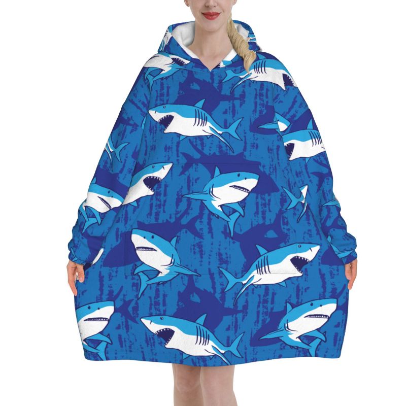 Sherpa Hoodie Fleece - Coperta indossabile con cappuccio Cartoon Sharks
